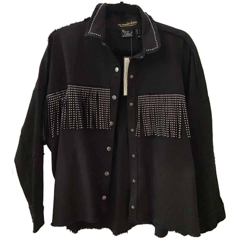 Women With Control My Wonder Denim Fringe Jacket Black Small